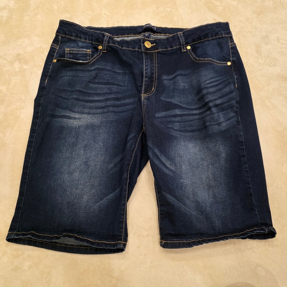 Karen T Womens Denim Bermuda Shorts Size 20 Dark Wash Whiskered Stretch Jean